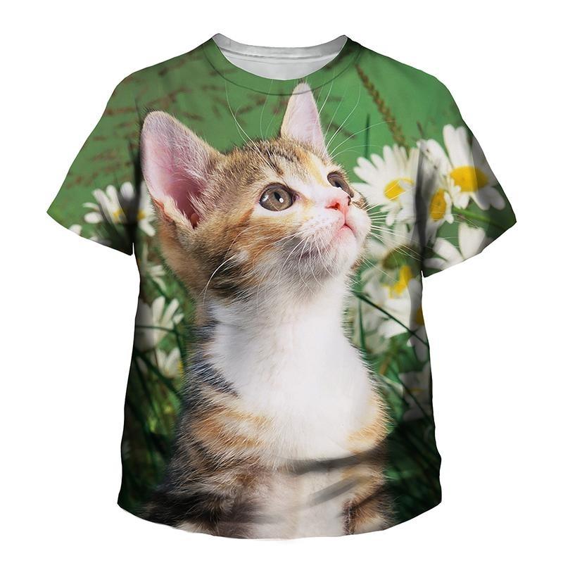 Summer Round Neck 3D Printed Cute Cat Pattern Top Fashionable Casual Short Sleeved Children's Boy and Girl Kids Unisex T-shirts