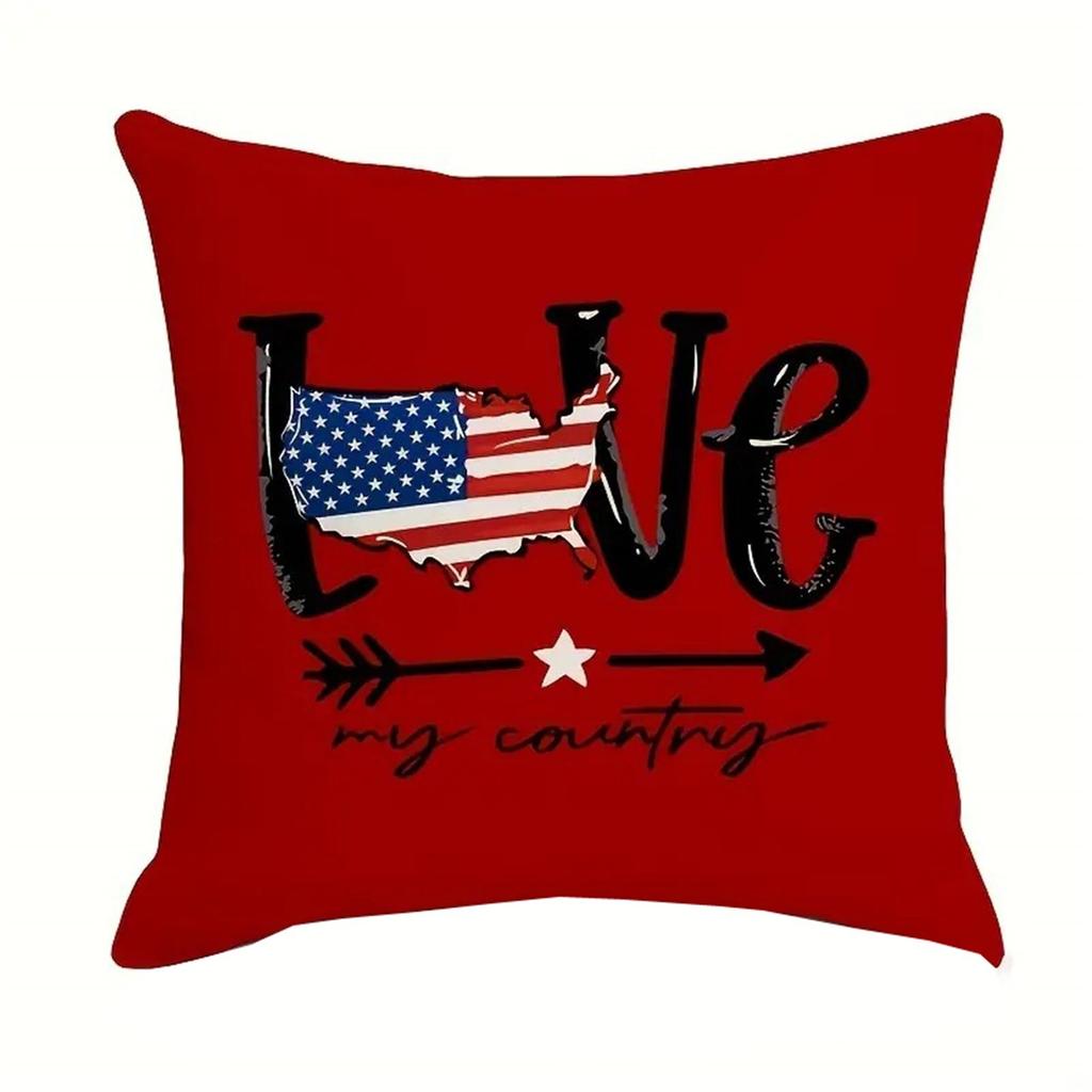 Square Decorative Pillow Cover with Heart and Star Pattern American Flag Print for Sofa Couch Bed Chair Home Office