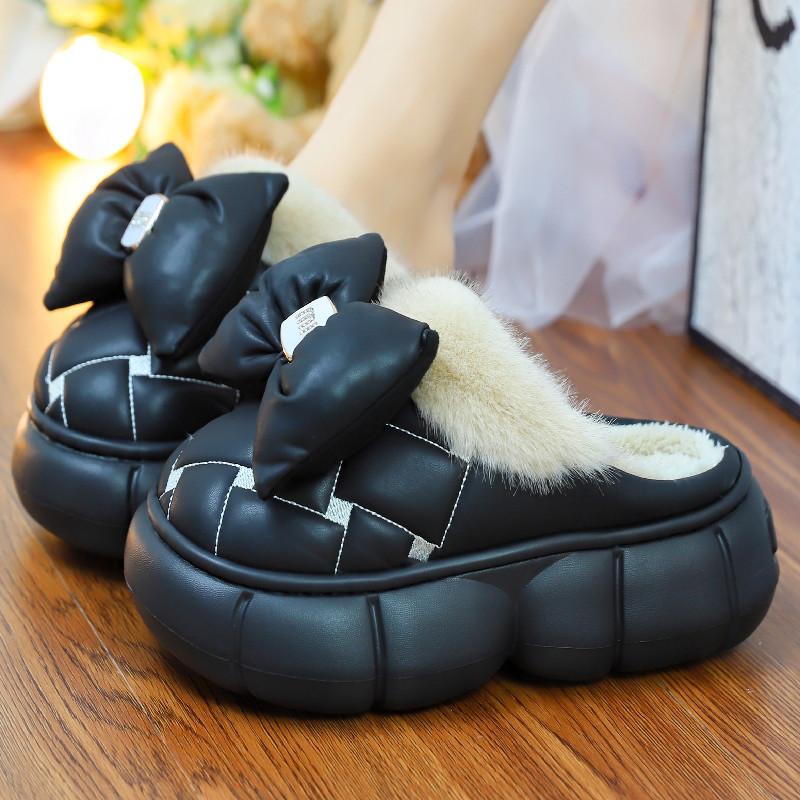 Fashion New waterproof fashion bow slippers women's shoes 2025 winter platform furry slides woman high heel fluffy slippers gothic girls