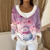 Women's Fashion Plush V Neck Pullover Top Long Sleeve Tee Christmas Printed Sweatshirt