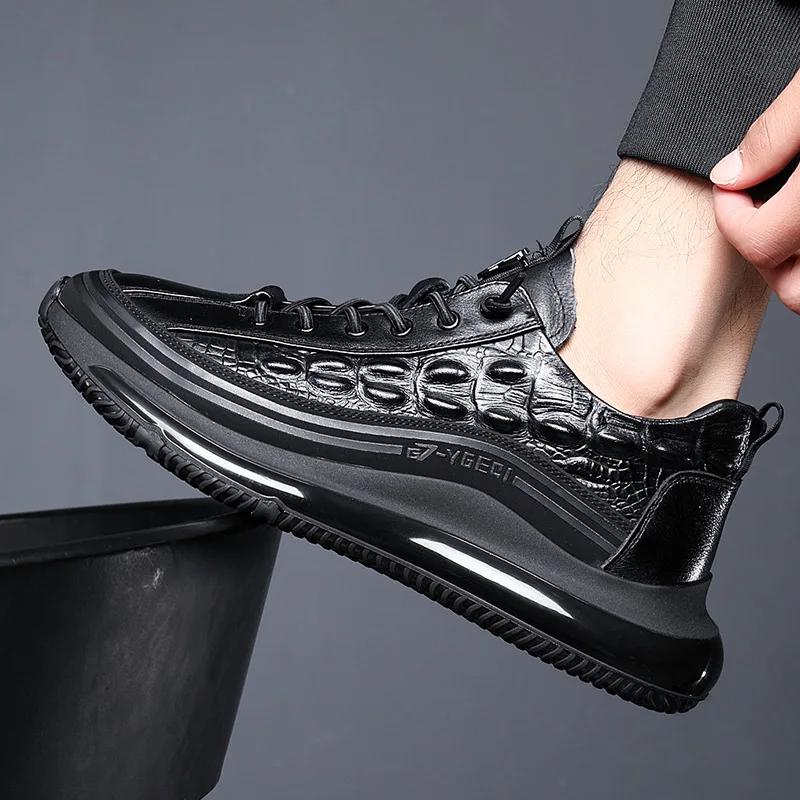 Casual Sports Sneakers for Men Autumn Winter Cowhide Crocodile Print Men Shoes Soft Sole High Quality Leather Shoes Male