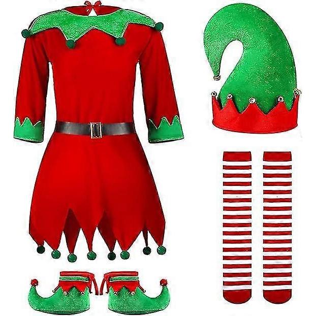 Girls Women Christmas Elf Costume Set Santa's Helper Costume Xmas Festive Outfit With Elf Hat Shoes Belt Striped Stockings
