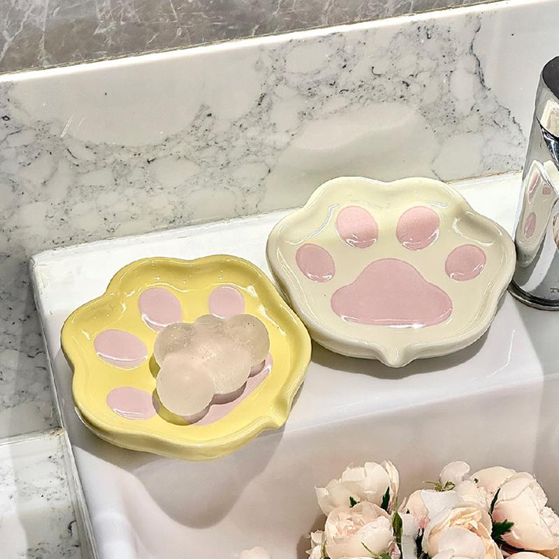1pc Cute Ceramic Cat Claw Soap Holder Creative Soap Box for Kitchen Bathroom Sink Drain Soap Tray Home Bathroom Accessories
