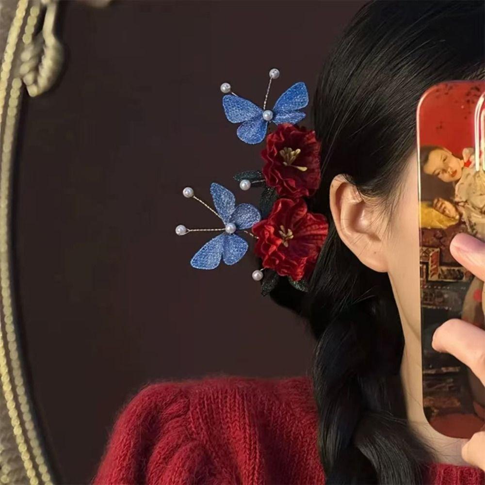 Pearl Wooden Hair Stick Tassel Hanfu Hairpin Classical Red Flower Hair Clip  Hair Chopstick