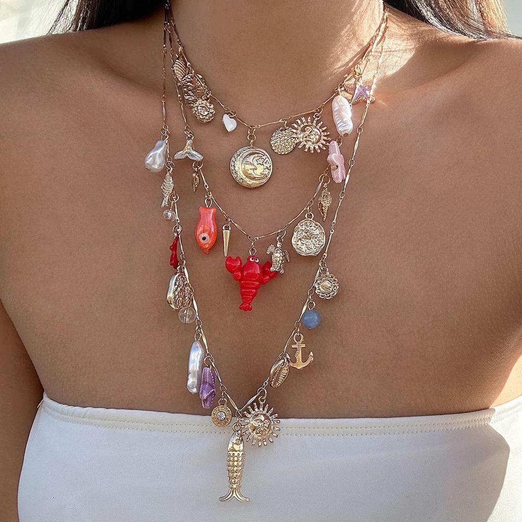 PuRui Bohemia 3Pcs/Set Gold Color Adjustable Imitation Zircon Necklace Summer Ocean Beach Various Types Pendants Necklace Zircon