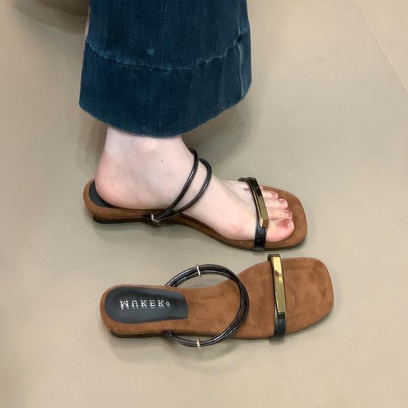 MUKEKe Korean version solid color one-word drag 2025 summer new summer low heel two wear one-word sandals