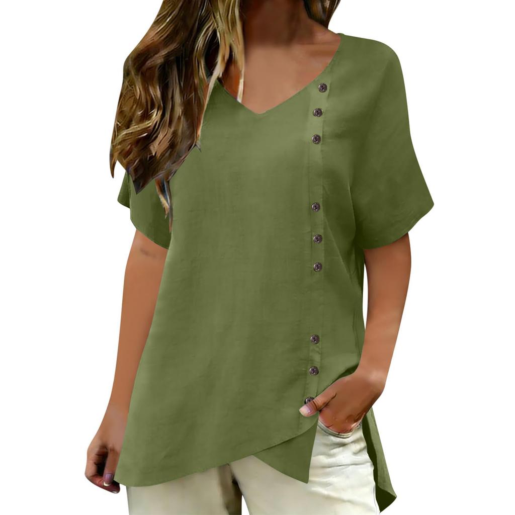 Womens Spring Tops V Neck Short Sleeve Button Design Summer Shirts for Women Casual Loose Fit Lightweight Blouse Dressy Tops for Women