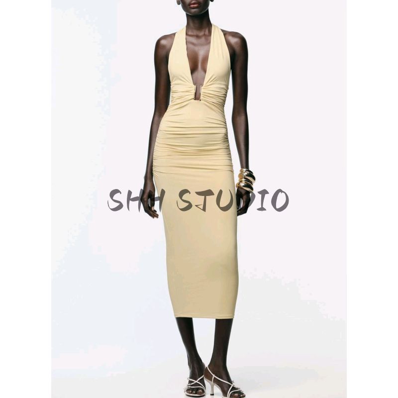 Summer Women's Clothing Bows Lace Pleated Decorative Nylon Hanging Collar Sleeveless Elegant Dress 1026148