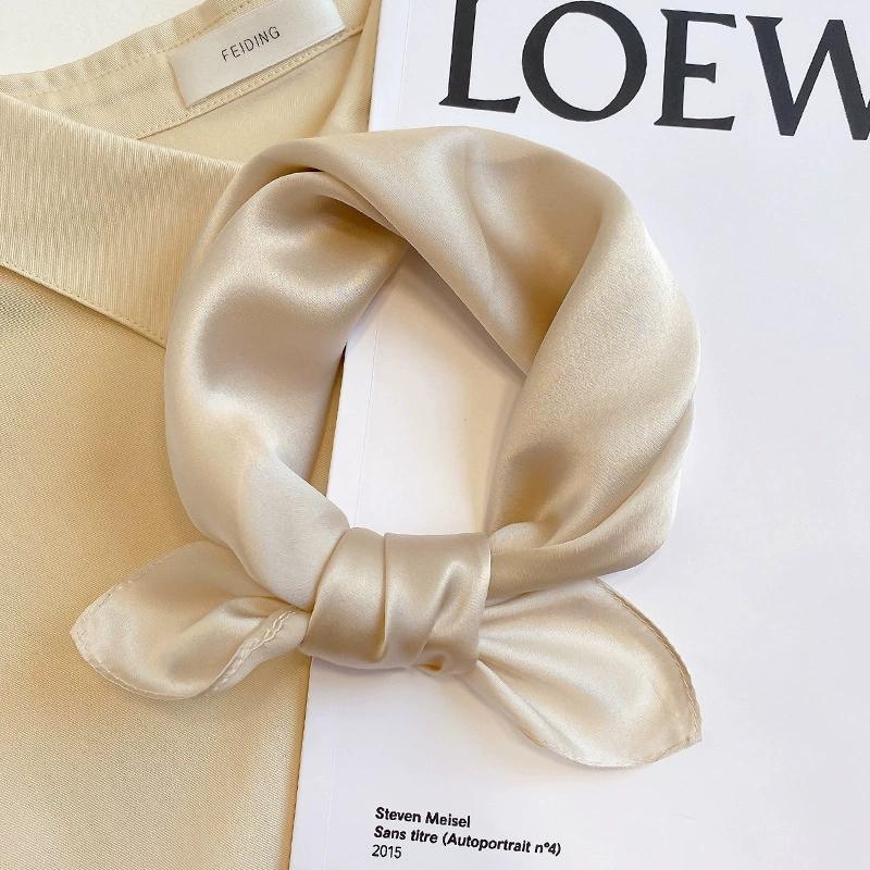 53CM Square 100% Mulberry Silk Scarf Solid Color Roll Edge Small Head Neck Hijab Women Decoration Kerchief Silk Bandana Scarves