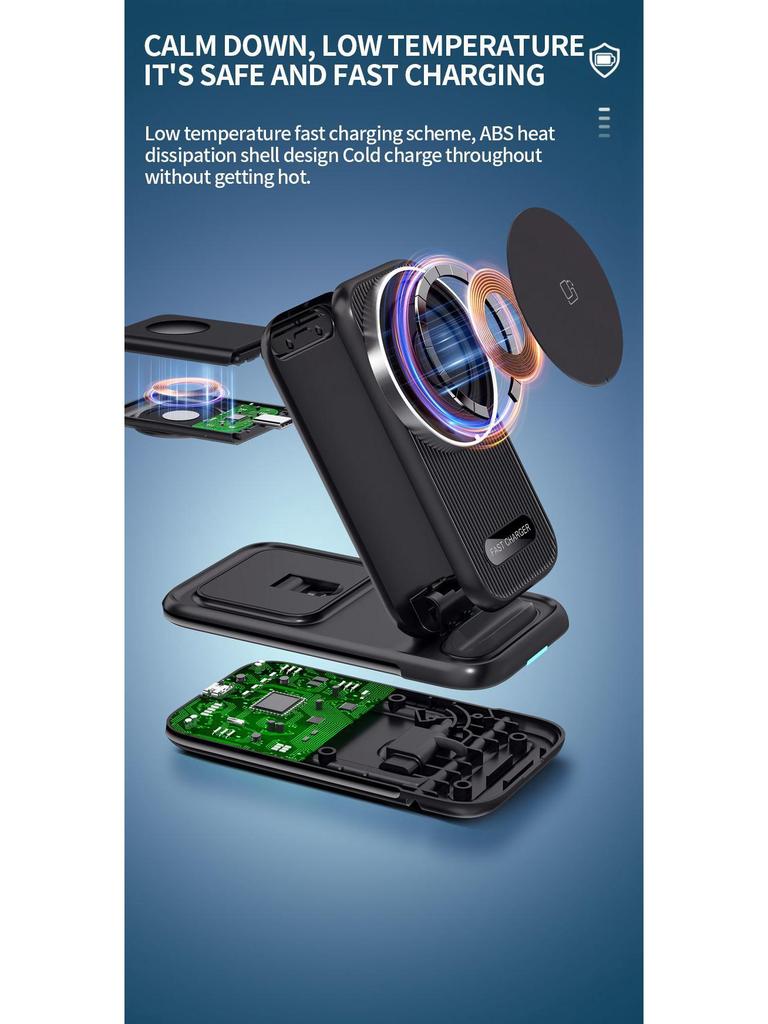 Foldable Multi-Functional Wireless Charging Stand with Built-in Cable - 15W Four-in-One Fast Charger for Mobile Phones