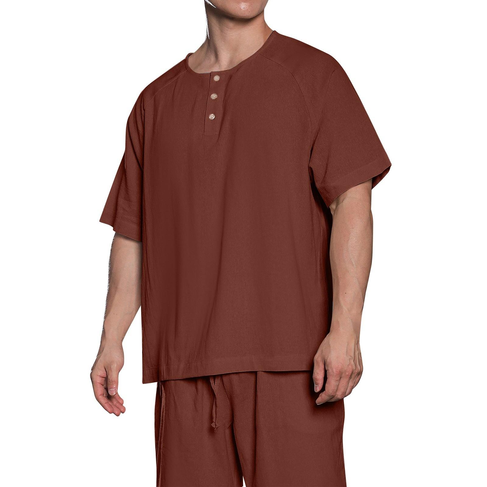 

Мужская однотонная рубашка из хлопка и льна с пуговицами и рукавом четверть, мужские повседневные дышащие топы XL красный