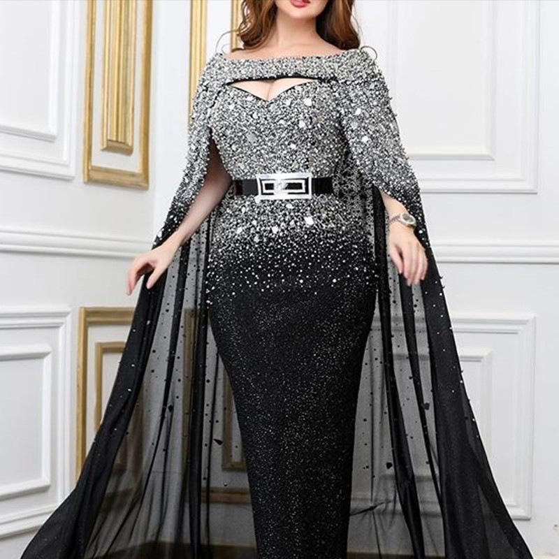 European And American Sexy Hip Wrap Fishtail Slim Shawl Gradual Change Gold Mesh Dress Dress