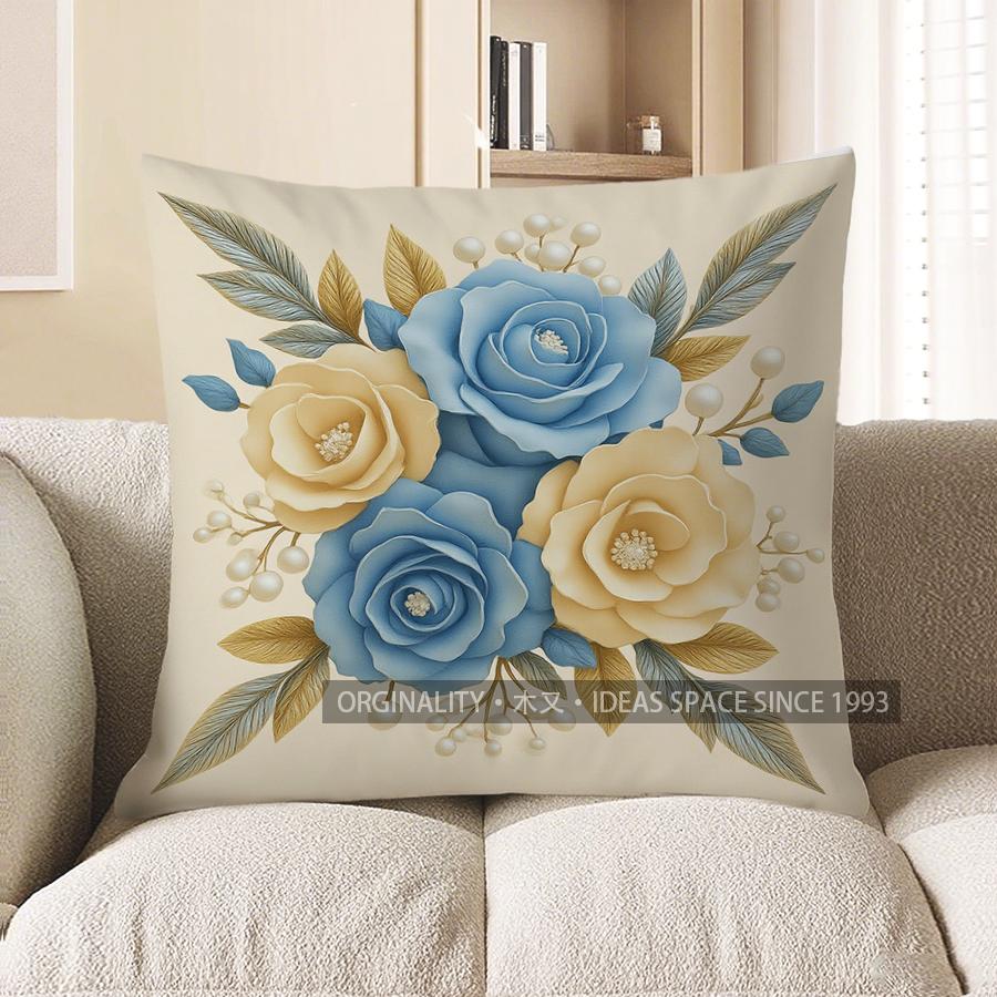 Home Decor Blue & Beige Floral Throw Pillow Cover Pattern Cushion Cover Suitable For Sofa Bedroom Car Pillow Cover