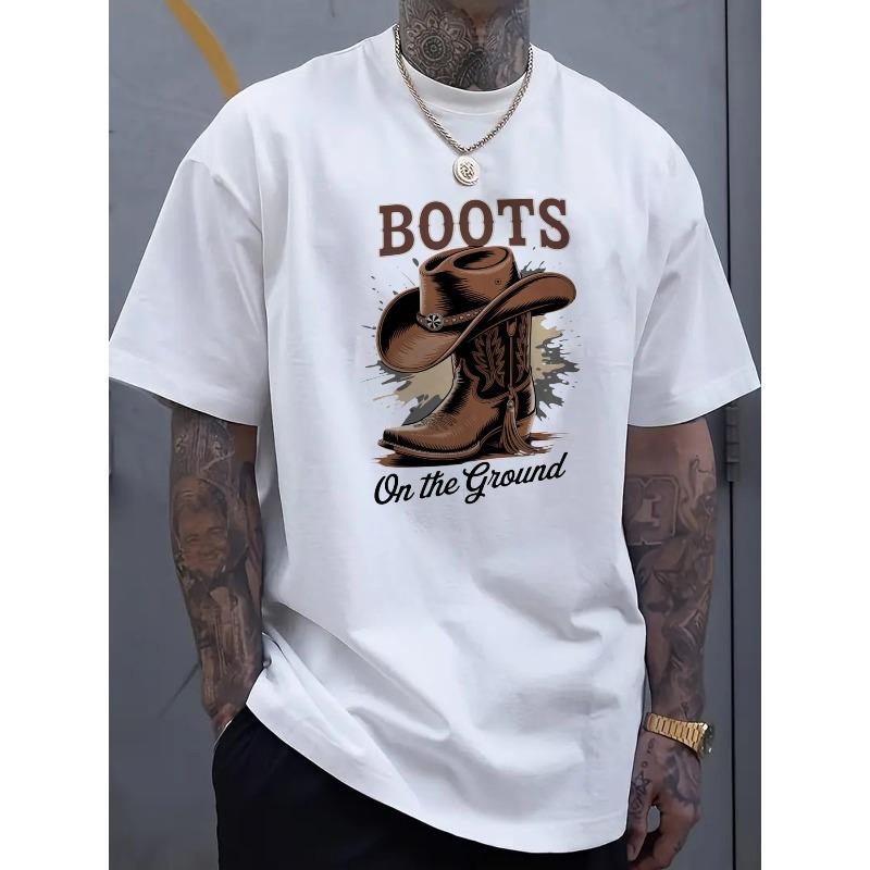 European Sizes Men'S Black T-Shirt with Cowboy Boots and Hat Graphic Boots On the Ground for Casual Wear