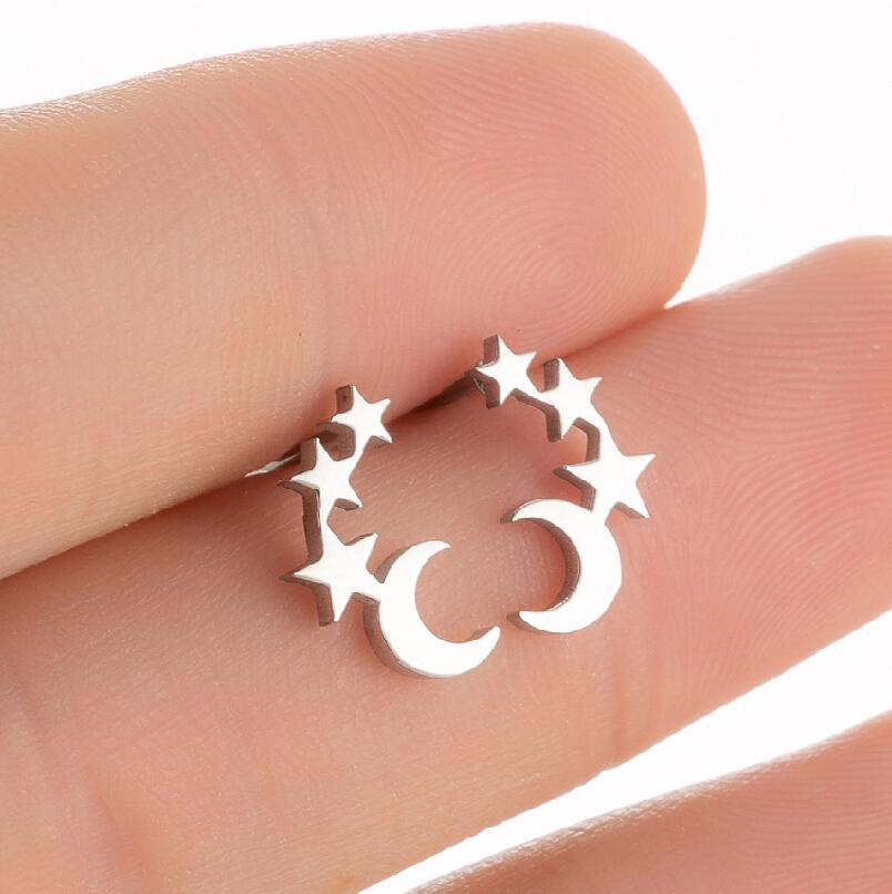 Stainless Steel Five-Pointed Star Moon Stud Earrings - Versatile Fashion Cartilage Jewelry