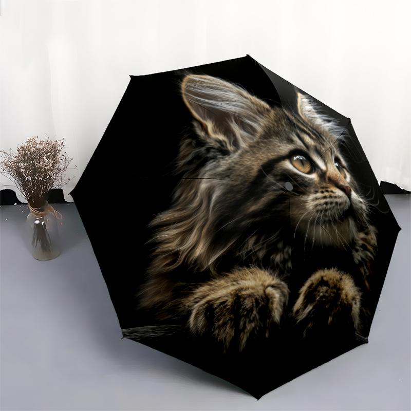 Black Kitten Pattern, Automatic Folding Umbrella, Portable and Foldable Design, 8 Ribs, a Christmas or Birthday Gift.