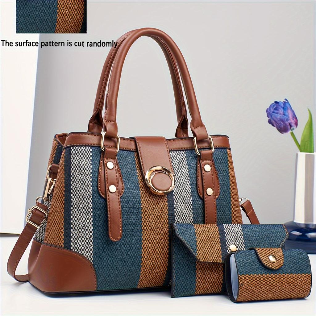 Classic Striped Women's Handbag Set, High-Quality Fashionable Versatile Three-Piece Set