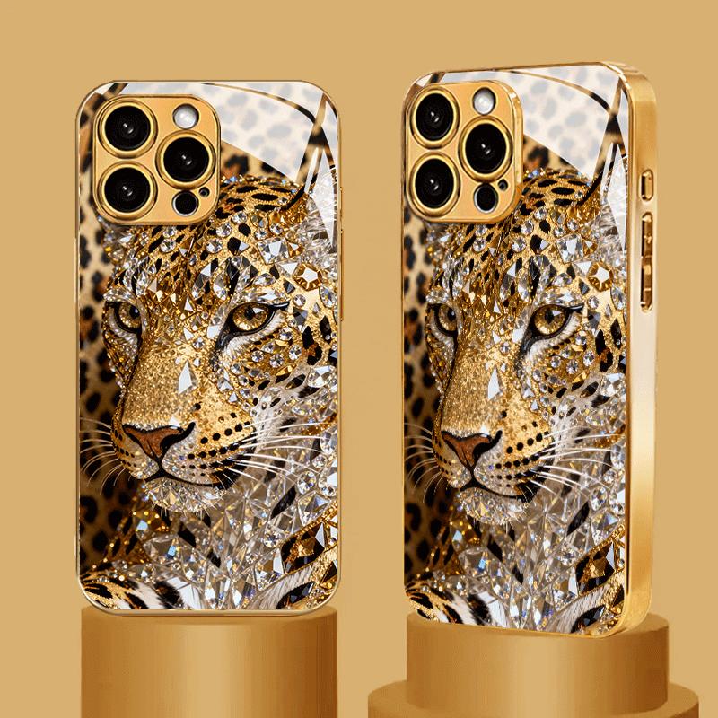 Luxury Electroplated Glass Phone Case with Tiger Head Design Suitable for iPhone 17 16 15 14 13 12 11 Pro Max Plus
