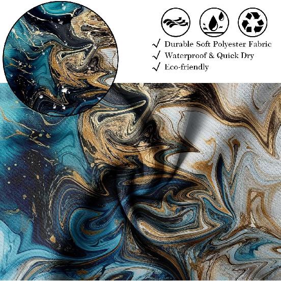 Teal and Gray Marble Shower Curtain Abstract Turquoise Gold Shower Curta for Bathroom Decor, Waterproof Cloth Fabric with Hooks 70 X 72 Inch