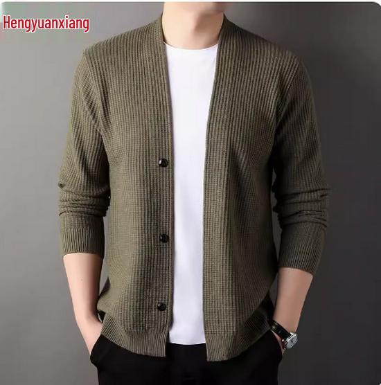 

Мужской вязаный кардиган Hengyuanxiang 2025: Повседневный свитер на весну и осень для пап среднего и молодого возраста 190