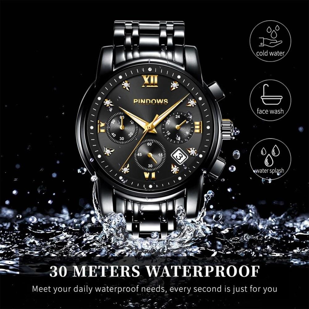PINDOWS Men's Analog Quartz Watch with Day Date Display Stainless Steel Band Daily Water Resistance