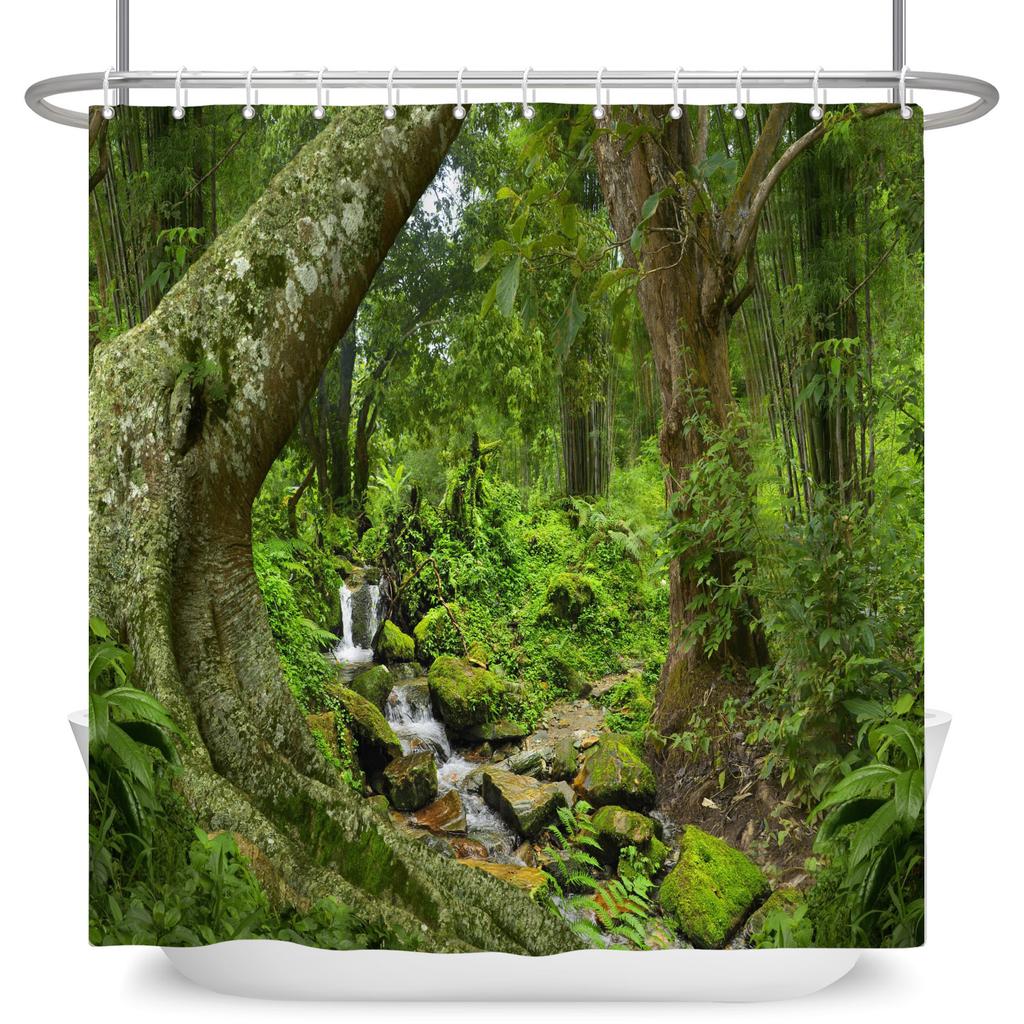 Garden Path Shower Curtain with 12 Hooks Realistic Forest Landscape Butterflies Waterproof Polyester Bathtub Bathroom Curtain