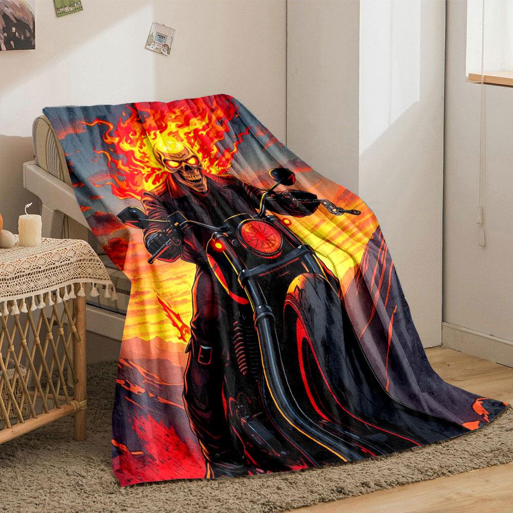 A fiery figure rides a motorcycle, surrounded by vivid flames and sunset. for all seasons blanket lunch break throw gift