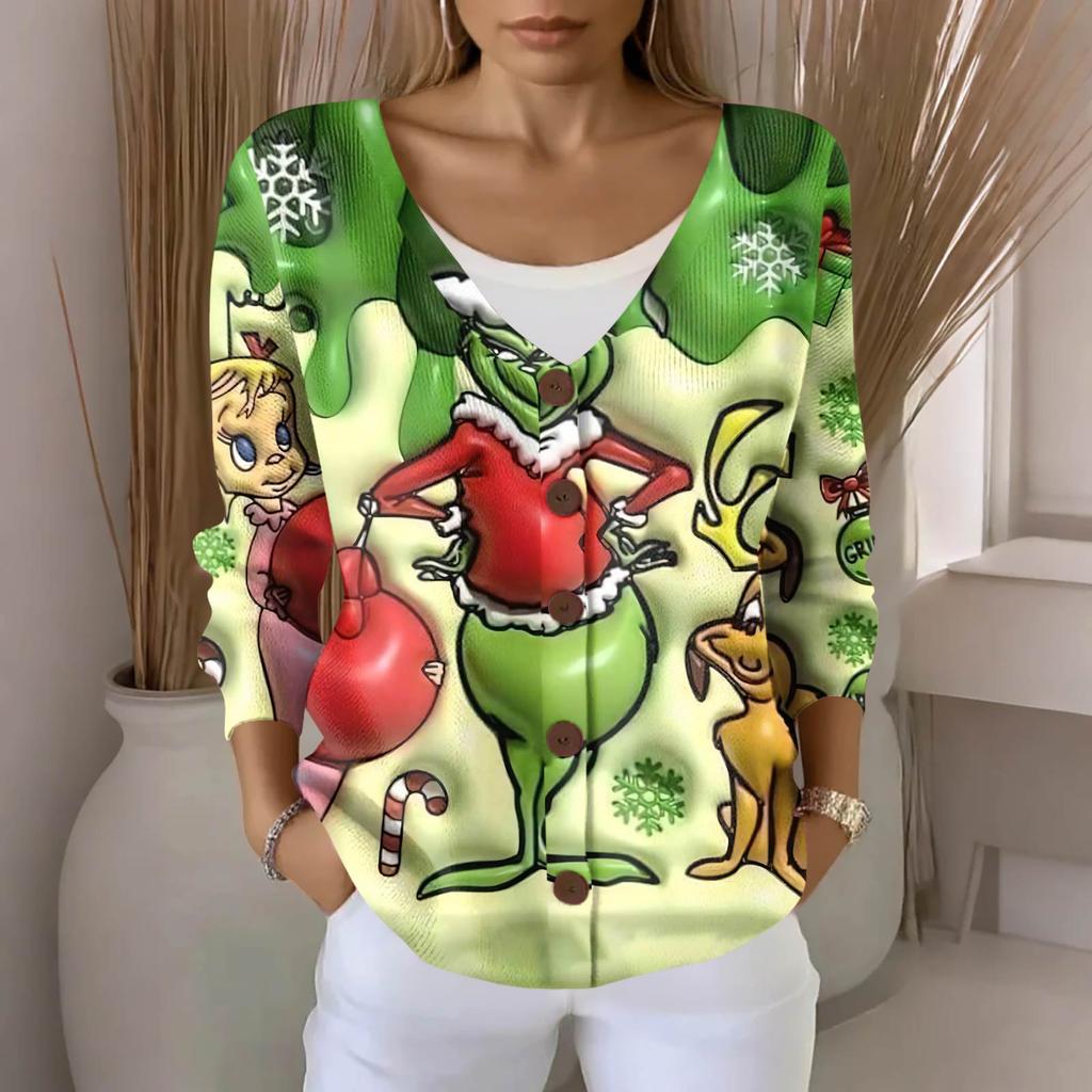 Women's Fashion Casual Knit Sweater Button-Up Christmas Print Cardigan Jacket