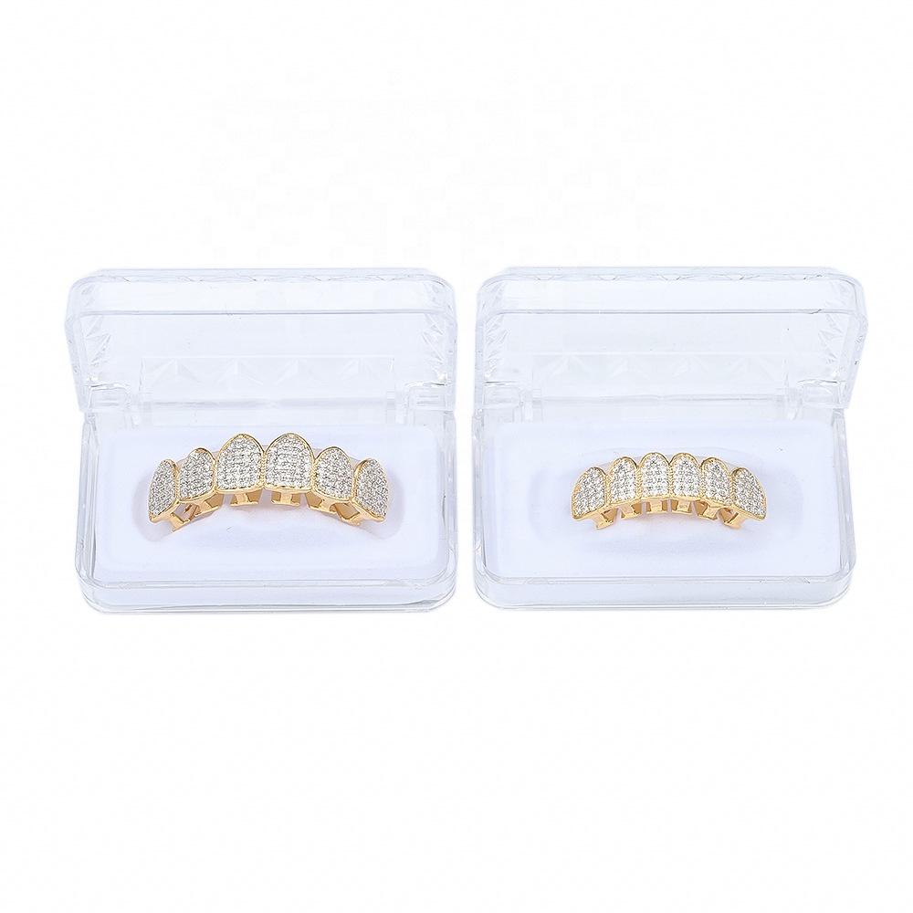 Ice Out Hip Hop Gold Teeth Jewelry Grillz Mouth Teeth Caps Top & Bottom Diamond Zircon Tooth Set Mens Women Vampire