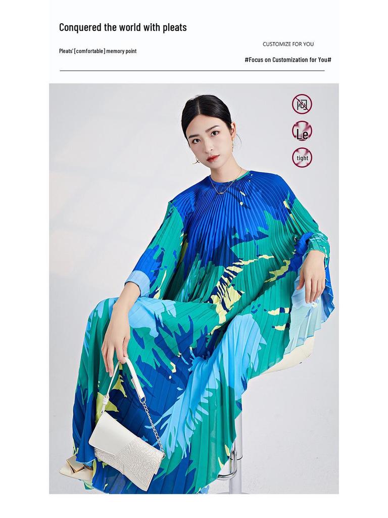 European & American Plus Size Printed Irregular Pleated Long Dress - Vacation Style