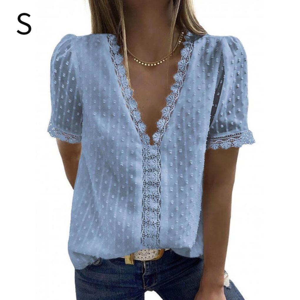 Woman T-shirt Short Sleeve V Neck Solid Color Casual Breathable Lace Loose Blouse Travelling Dating Working Shirt Clothing