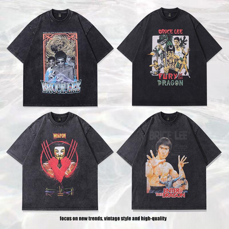 Trendy Brand Men'S Personalized Printing T-Shirt American Retro Oversize Small Neckline Washed And Old Short-Sleeved T-Shirt