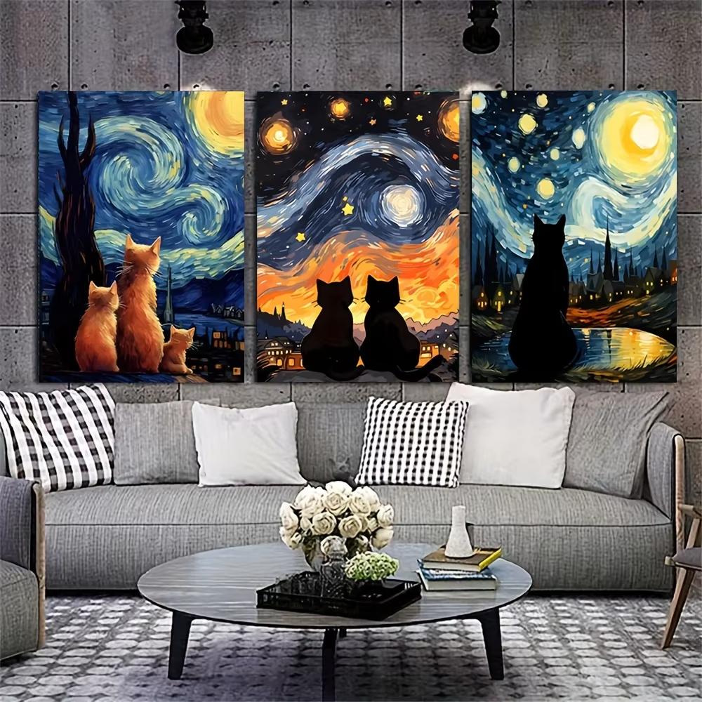 

3pcs Unframed Canvas Art Prints - Van Gogh Starry Night & Black Cat Modern Animal Wall Decor for Bedroom, Living Room, Home Offi (as the picture,20x30cm-3pcs)