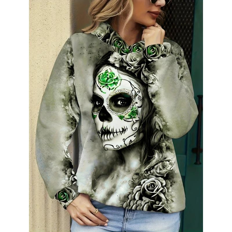 2025 Damenoberteile Herbst- und Winter-Hoodies Damen Lockerer Mexikanischer Tag der Toten Druck 3D-Druck Mode Lässiger Pullover-Hoodie