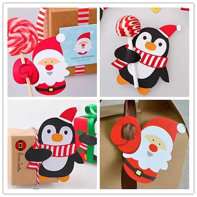 100/25x Christmas Lollipop Paper Cards Santa Claus Penguin Snowman Pattern Candy Gifts Package Wrapping New Year Party Decor