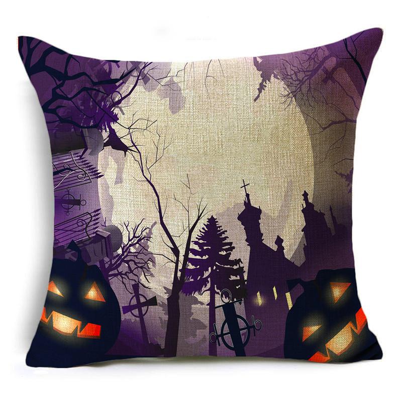 Ins Popular Purple Halloween Night Graveyard Pumpkins Linen Throw Pillowcase Decorative Cushion Cover For Sofa Living Room Party