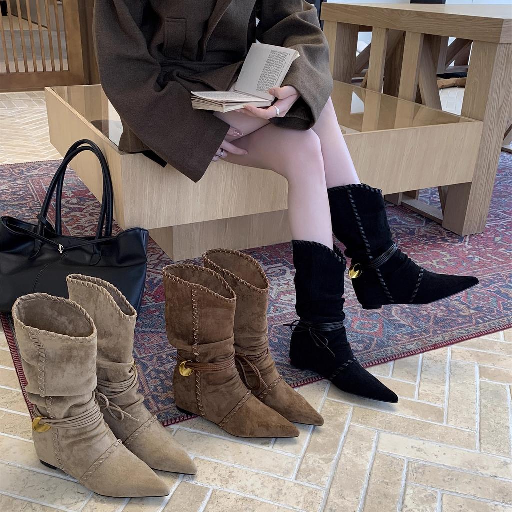 Inner Height Increasing Pointed Suede Skinny Medium Tube Knight Boots Women's Boots 2025 Fall Winter Western Cowboy Pile Boots