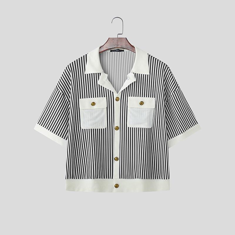 INCERUN Summer Men Lapel Short Sleeve Striped Print Patchwork Button Up Casual Crop Shirts S