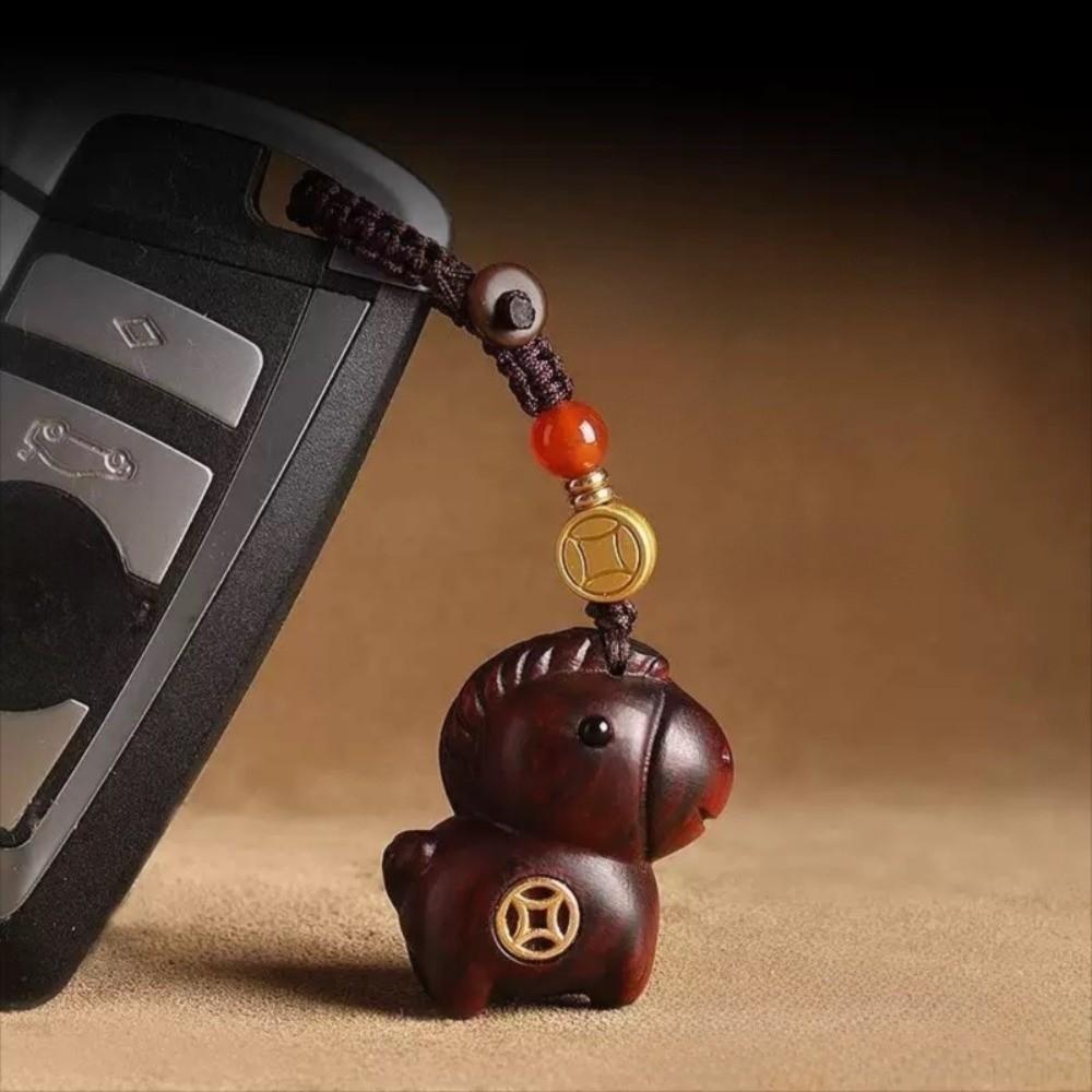 Tierkreiszeichen Pferd Schlüsselanhänger Sandelholz Chinesischer Stil Schlüsselring Niedlich Holz Handykette Unisex