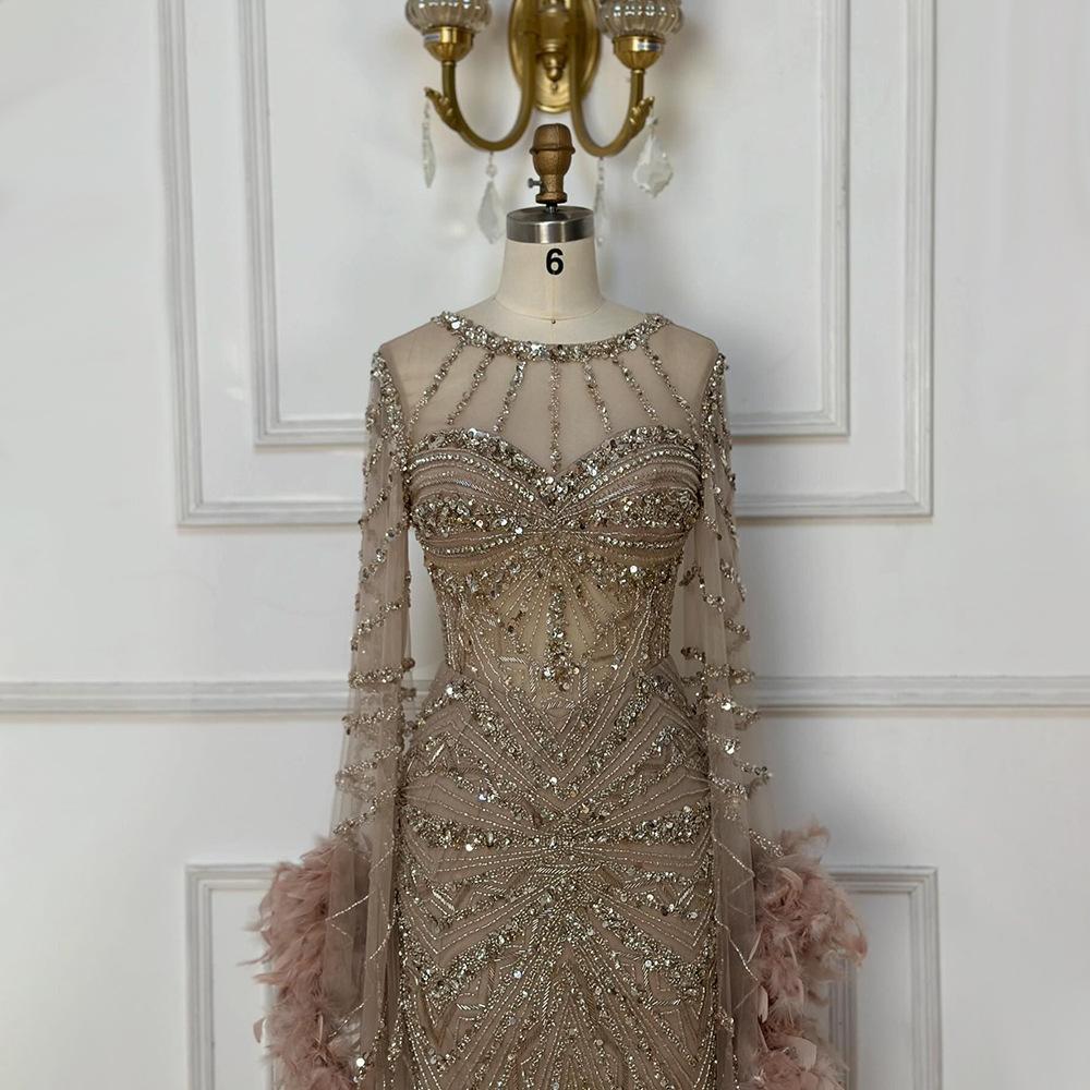 Silver caramel high-end atmospheric bead feather fishtail dress banquet host dress LA11108A