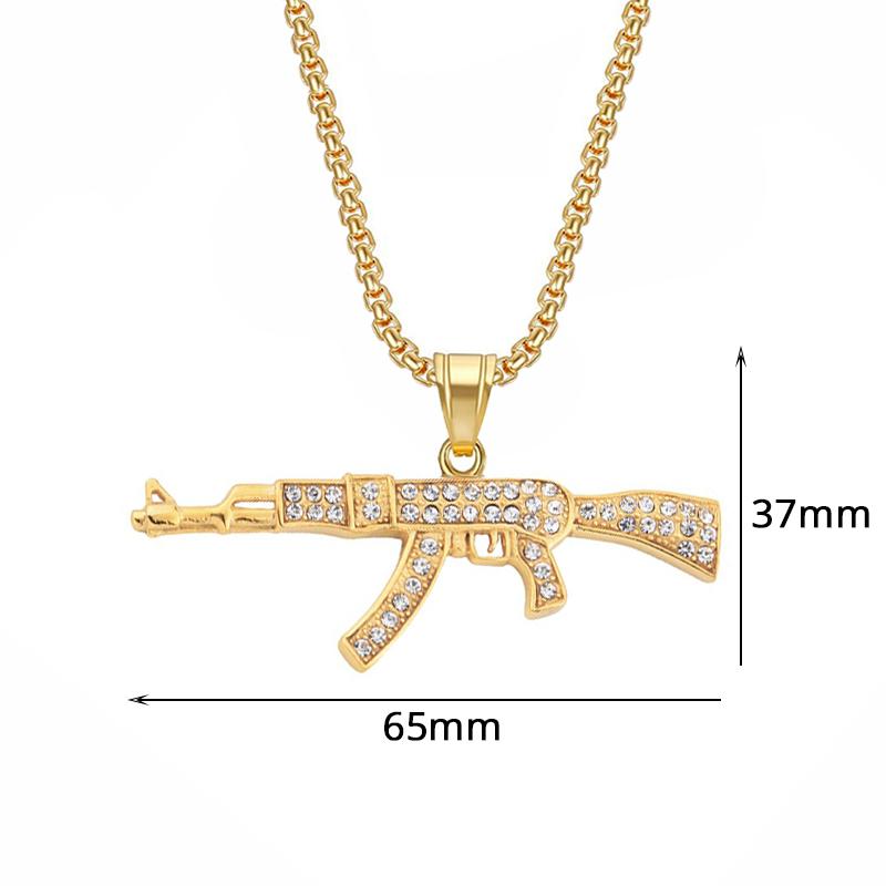 Hip Hop Iced Out Bling AK47 Gun Pendant With Chain Gold Color Stainless Steel Military Necklace For Men Women Jewelry Gift