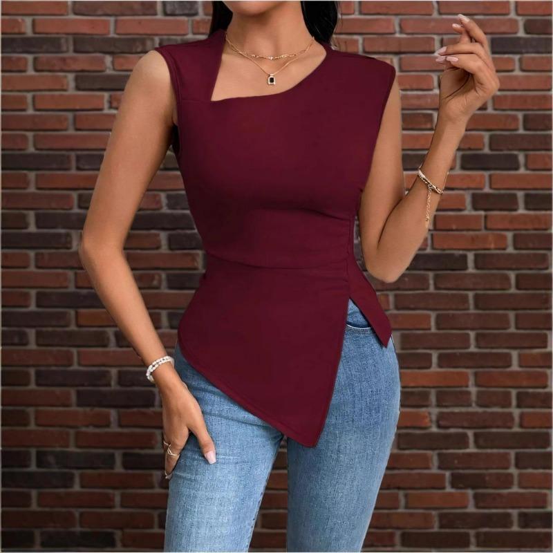 Sommer Unregelmäßiges Damen T-Shirt Einfarbig Schräghals Ärmelloses Top