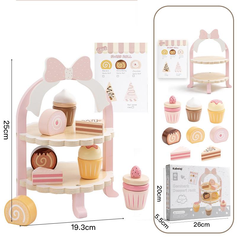 

Children Pretend Play Wooden Pink Dessert Cake Rack Set Kitchen Food Game Learning Educational Montessori Toys for Kids Gift