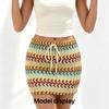 Women Crochet Striped Mini Skirt, Colorful Boho Knit Bodycon Skirt with Drawstring High Waist Summer Beach Short Pencil Skirt