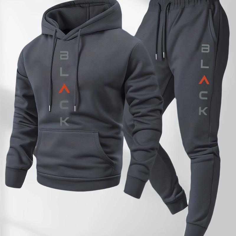 Men's Casual and Comfortable Set, Fashionable Letter Printed Hooded Sweatshirt and Casual Pants
