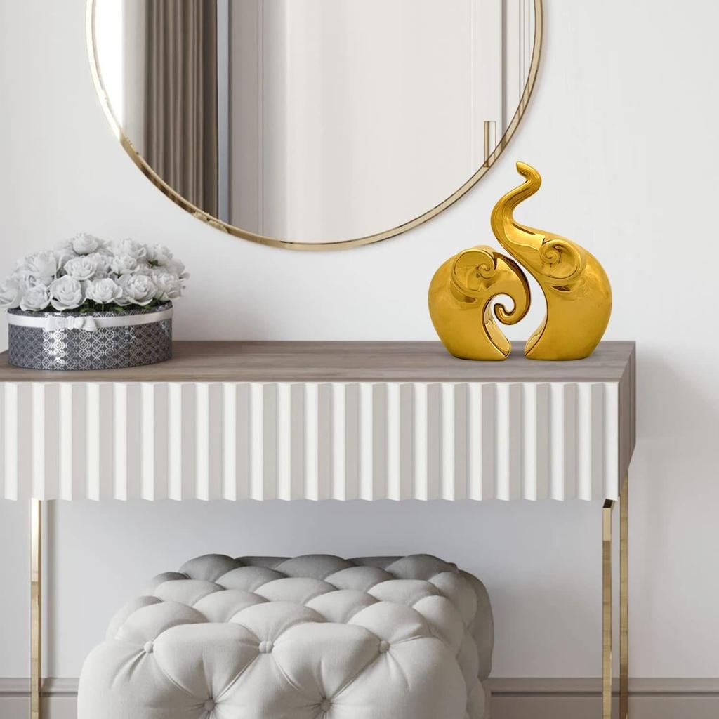 Lavish Home Decor Golden Elephant Couple Figurine | Piano Finish Ceramic Figures - (Set of 2 Piece, Gold), Love