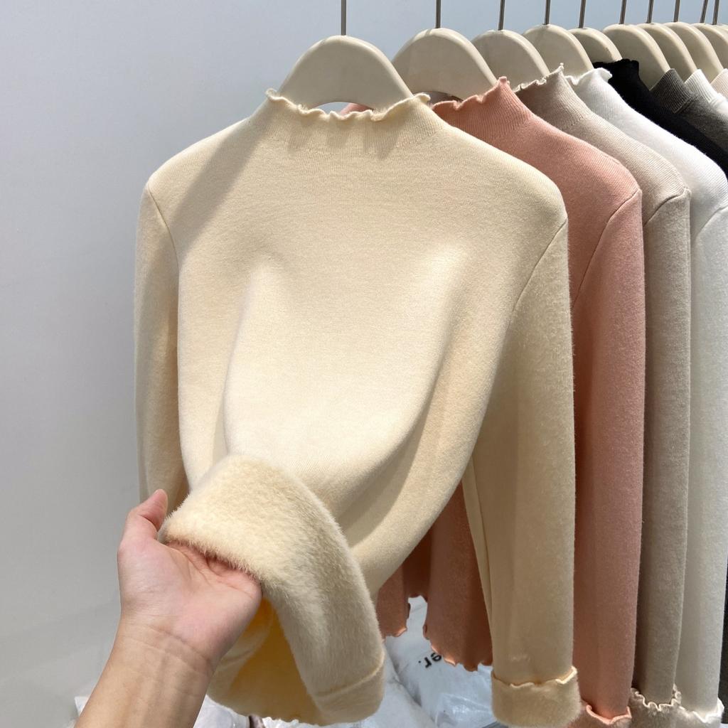 Fleece Thickened Sweater Women's Autumn and Winter Semi-turtleneck Fungus Edge Bottomed Knitted Sweater with Warm Integrated Fleece Top