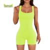 Seamless Ribbed Yoga Bodysuit with Removable Pads and Tight Shorts