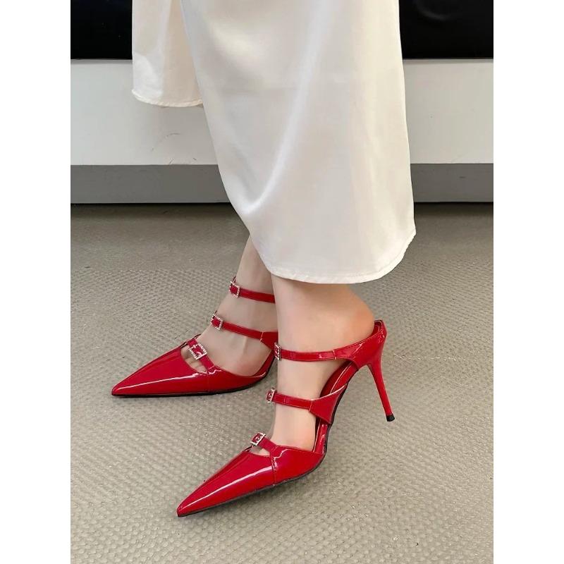 Pesstwei Designer Sexy Patent Leather Pointed Toe Slippers Women Pumps Sandals Narrow Band Thin Heel Slingback Mules Shoes Size 40