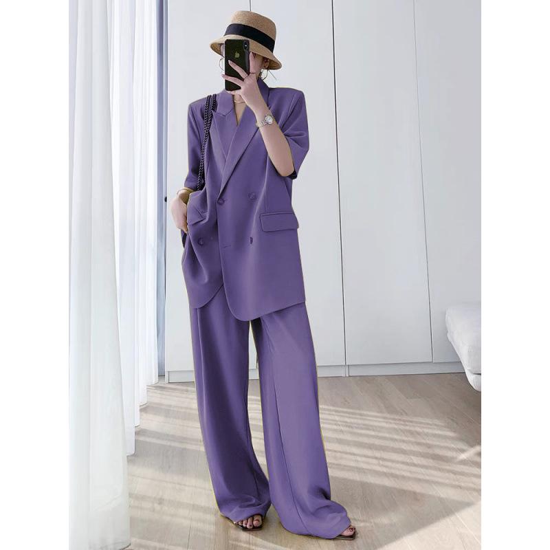 Plus Size 6681 Summer Slimming Wide-Leg Pants Two-Piece Suit for Women